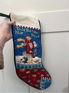Mary Engelbreit "You'd Better Not Pout" needlepoint Christmas stocking Vintage
